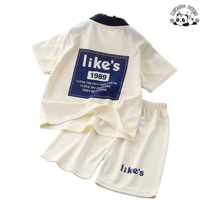 LEZONKIDS - Atacado de Novos Produtos camiseta polo e shorts com impressão de letras conjunto de roupas casuais de verão para meninos